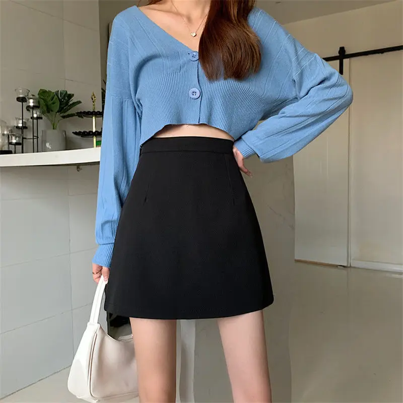 Black Mid-calf A-line Skirt for Women High Waist Korean Style OL Chic Streetwear College Friends All-match Female Bottom