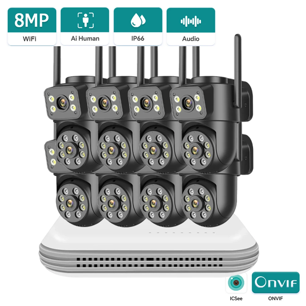 10CH 8MP Dual Lens IP Camera WiFi NVR Kit Wireless CCTV Surveillance System Two Way Audio Home Security Video Monitor Kit iCSee