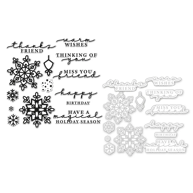 QWELL Metal Cutting Dies match Clear Stamps Snowflake Miss You Friends Warm Wishes Phrase DIY Scrapbooking Craft Paper Card 2022