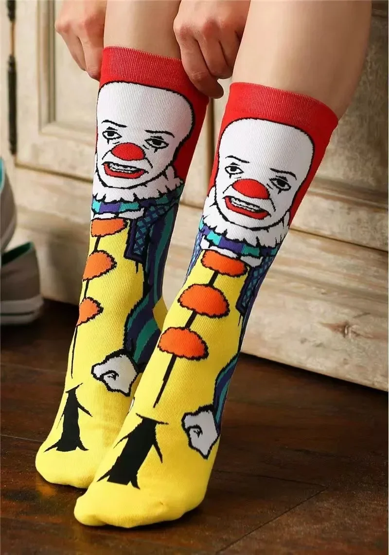 Clown Ghost Doll Horror Series Long Socks Men Women Halloween Xmas Stocking Movie Cosplay Hosiery Cotton Hip Hop Netherstock