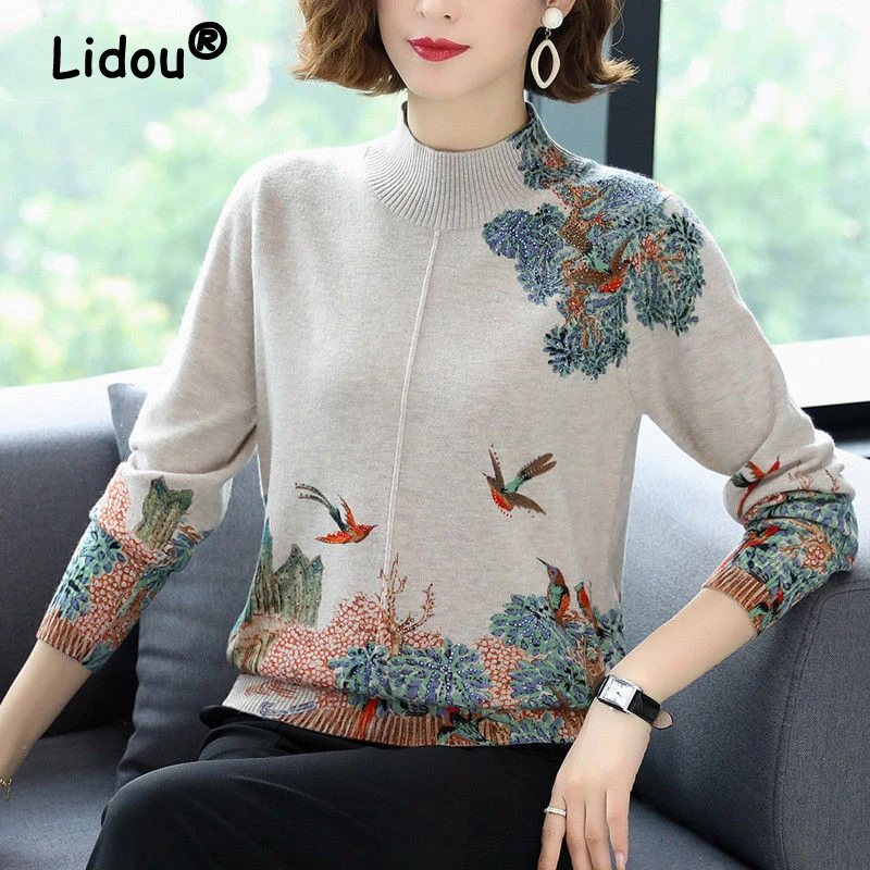 Women Vintage Chinese Style Print Half High Collar Elegant Knitted Sweater Autumn Winter Fashion Long Sleeve Loose Pullover Tops