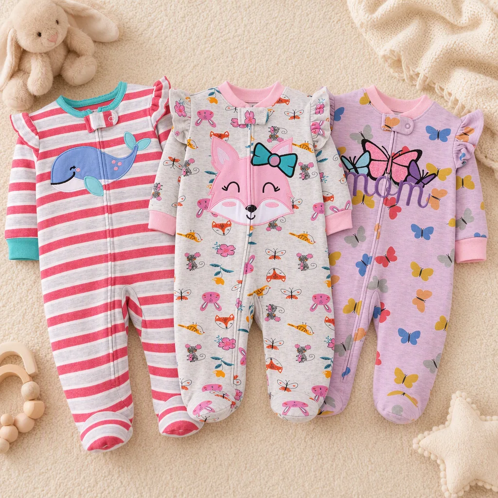 Baumwoll-Baby-Strampler mit Rüschenärmeln, gestreiftem Cartoon-Print und Stickerei, Reißverschluss-Body für 3-9 Monate alte Babymädchen, alle Jahreszeiten