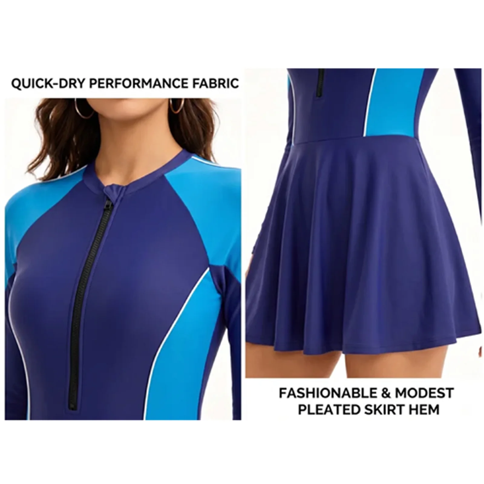 

Women One Piece Swimsuit Sun Protection Long Sleeve Skirted Triangle Breathable Lightweight for Beach Swimming Summer
