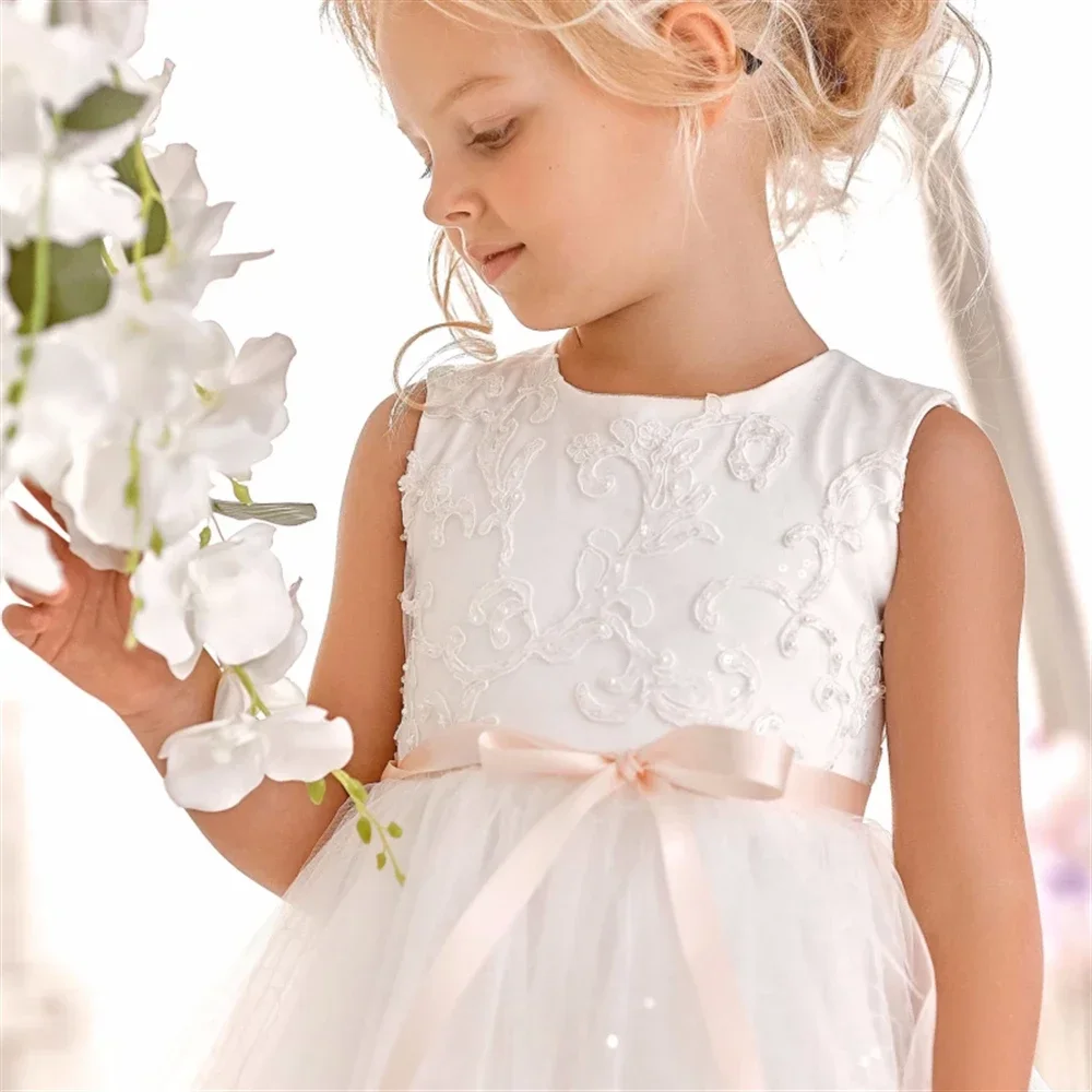 Robes de demoiselle d'honneur avec appliques en tulle blanc brillant, ceinture rose avec fermeture éclair pour mariage, fête d'anniversaire, robe de première communion