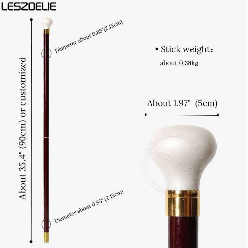 Fashion Smooth Round Pearl White Resin Handle Wooden Walking Cane Red 2-pieces Detachable Walking Stick for Men And Women