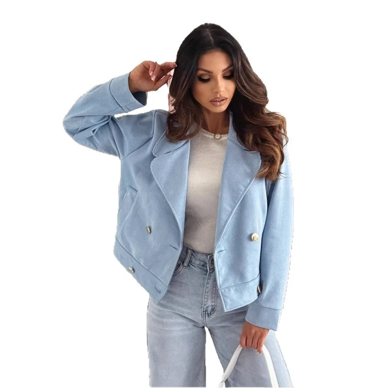 سليم صالح الخريف المرأة الجلد المدبوغ أبلى تقسم التلبيب طوق مزدوجة الصدر جيوب الإناث سترة أنيقة مزاجه معطف لسيدة