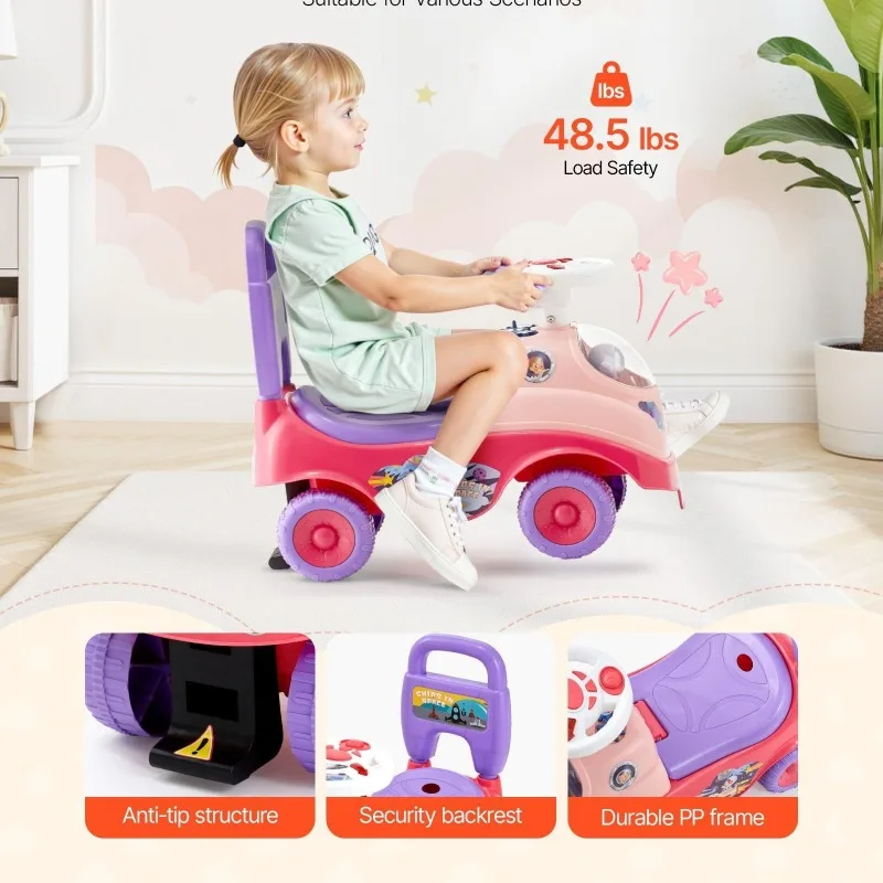 Samochodzik do pchania dla malucha, zabawka do jazdy, klakson, muzyka, schowek pod siedzeniem, chodzik z napędem na stopy, dla dzieci, chłopców, dziewczynek, różowy