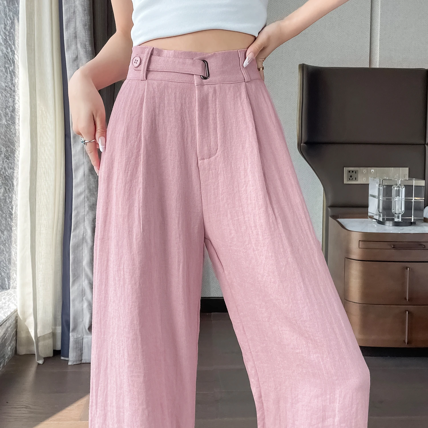 

New Summer High-waisted Linen Silk Wide-leg Pants for Women 2025 Loose Straight Casual Baggy Elegant Women's Clothing Bottoms