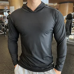 GYM Men T เสื้อลําลองแขนยาว Slim Tops Tees เสื้อยืดยืดหยุ่นกีฬาฟิตเนสบางสบาย Breathable Quick DRY Hooded