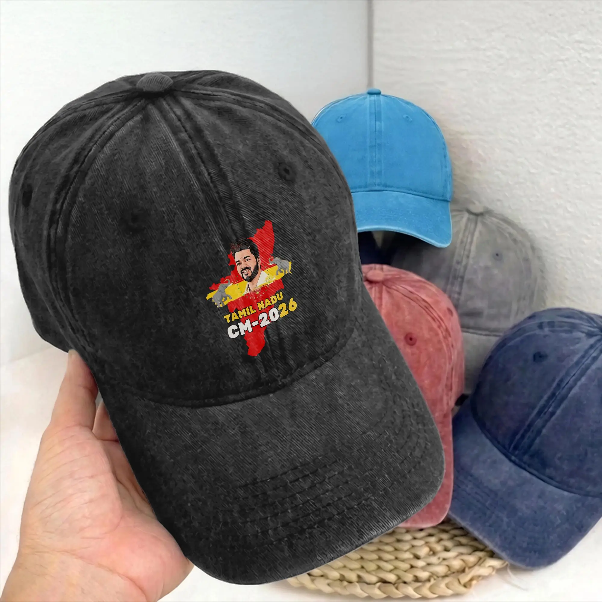 Boné de Beisebol Desestruturado Thalapathy Vijay Tamil Nadu 2026 TVK-CM, Estilo Jeans Desgastado, Ajustável, para Atividades