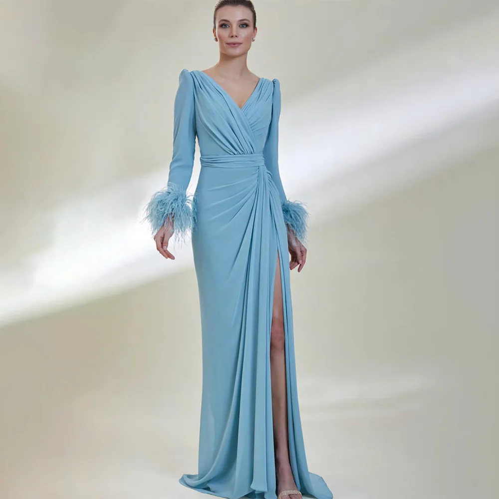 

Light Sky Blue Evening Dress Long Sleeves Feather V Neck Mermaid Gowns for Women Side Slit Elegant Wedding Guest Dresses