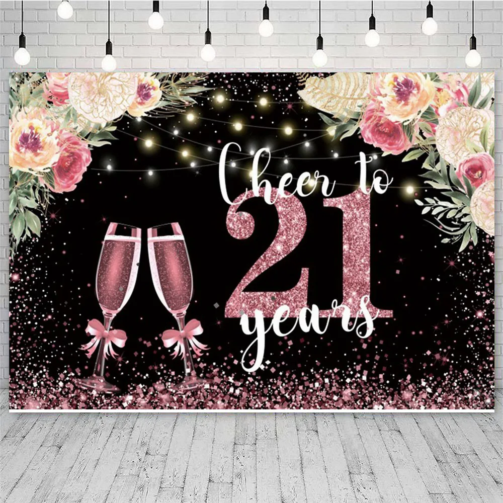 Happy 21st Birthday Backdrop Cheers to 21 Years Old Banner Rose Gold High Heels Champagne Photo Background Party Decorations