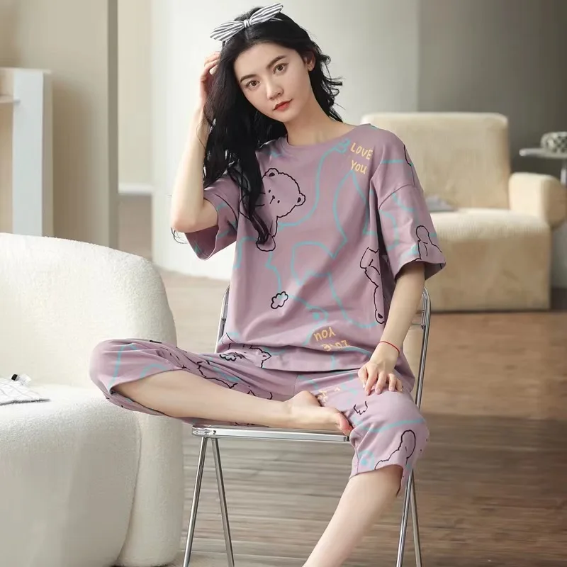 Summer New Ladies Pajamas Homewear Set of Short-Sleeved Pajamas Women\'s Summer Simple Korean Cartoon Loose Large Size Homewear