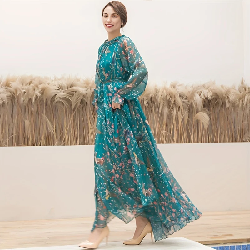 2024 Boho Floral Print Party Dress Women Vestidos Elegant Fashion Loose Chiffon Long Sleeve Muslim Abaya Islamic Clothing Robes