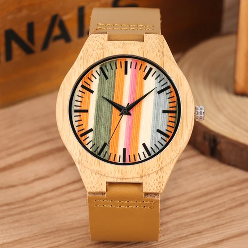 Imagen 2 del producto Caja de reloj de madera/bambú, reloj de pulsera para mujer, movimiento de cuarzo, pulsera de cuero genuino negro/marrón, relojes de moda para mujer, regalo