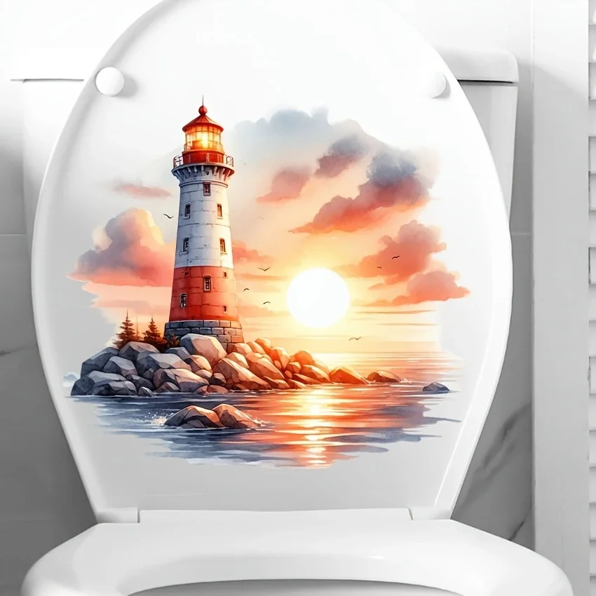 

MT1290# Romantic Sunset Seaside Lighthouse Decorative Sticker - Vibrant Coastal Scene with Orange & Red Sky, Birds, and Rocks