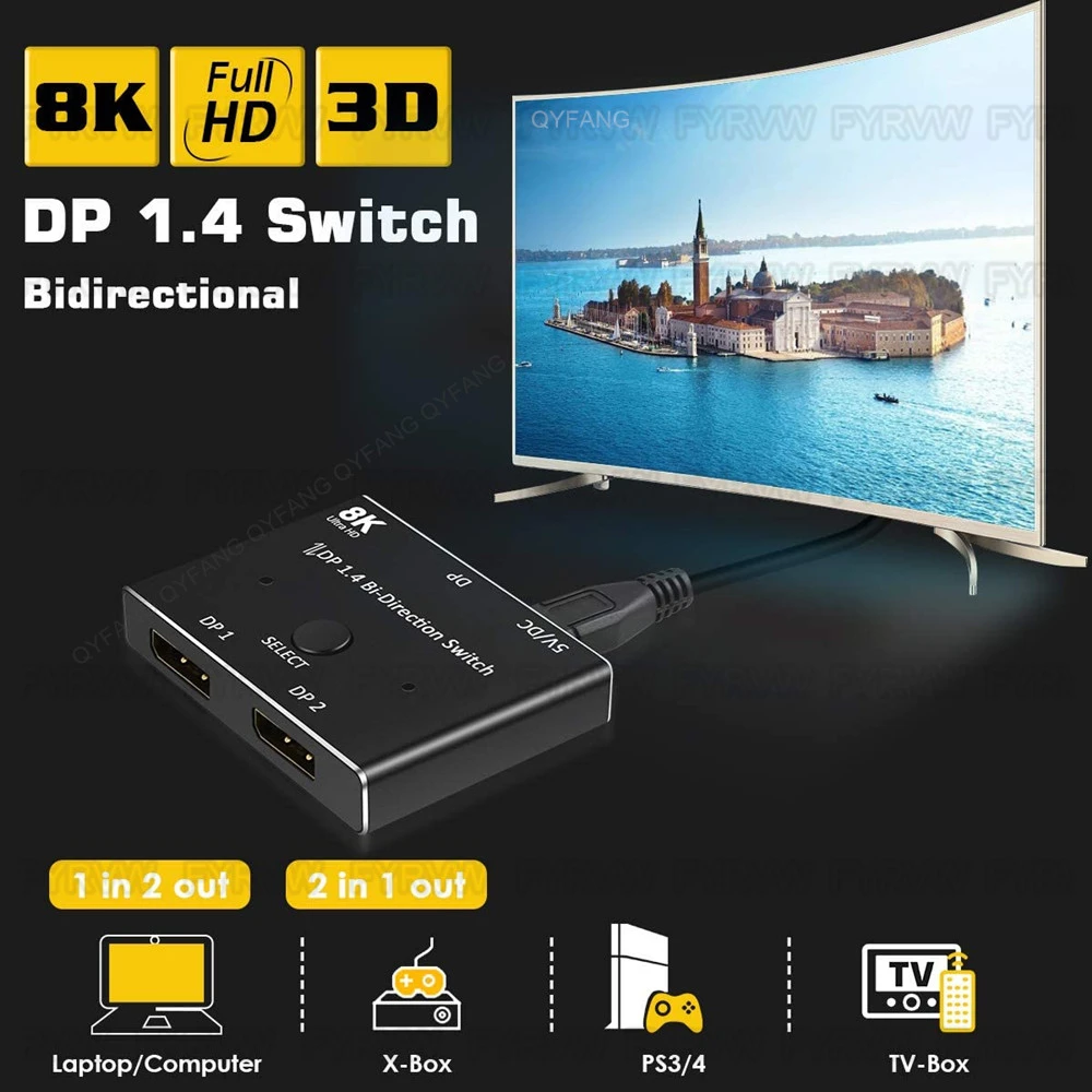 8K DisplayPort przełącznik Splitter DP1.4 165Hz dwukierunkowy 2 w 1 na port wyświetlacza przełącznik DP1.4 DP Splitter DP dokowanie DP