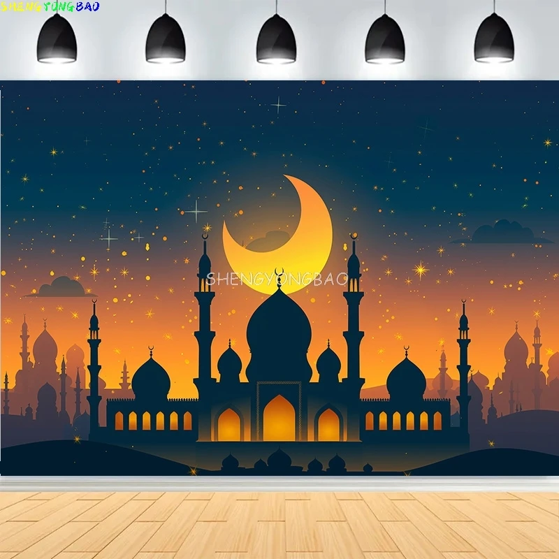 

Ramadan Celebration Shiny Golden Crescent Lanterns Background Arabic Islamic Mosque Palace Photography Backdrops MO-09