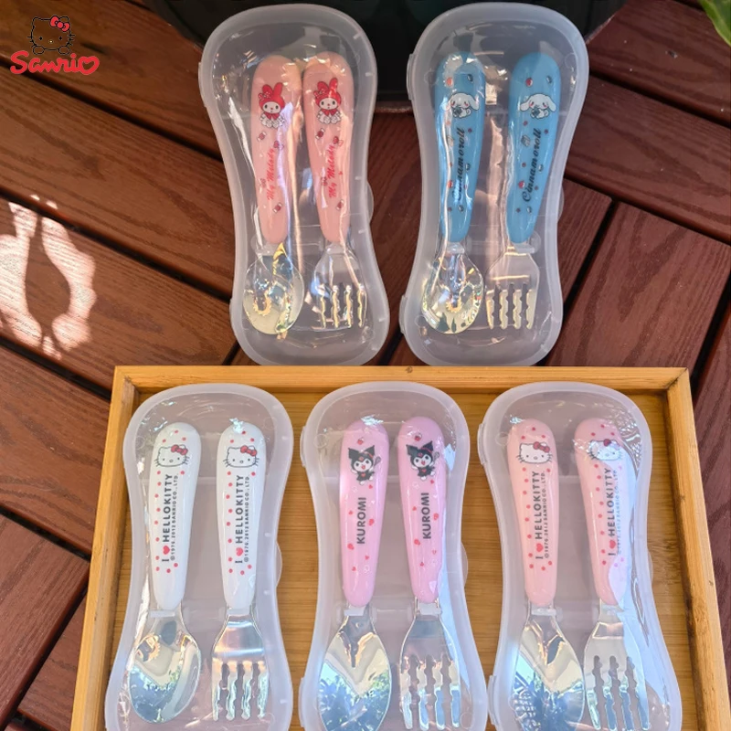 Sanrio Hello Kitty Cutlery 2Set Melody Kuromi Fork Spoons Set Baby Training Household Portable Anti-Fall Stainless Steel Cutlery