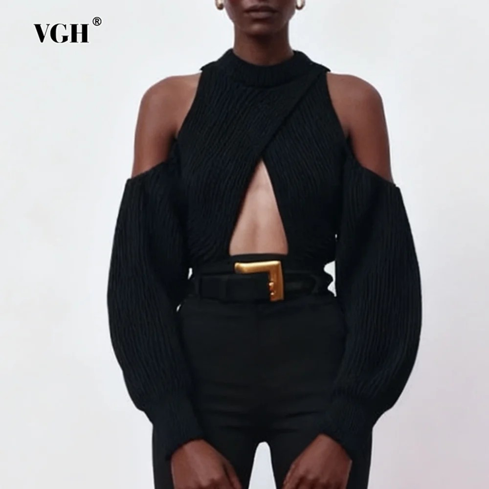 

VGH Sexy Hollow Out Slimming Solid Sweaters For Women Round Neck Long Sleeve Autumn Designer Party Sweater Female Fashion New
