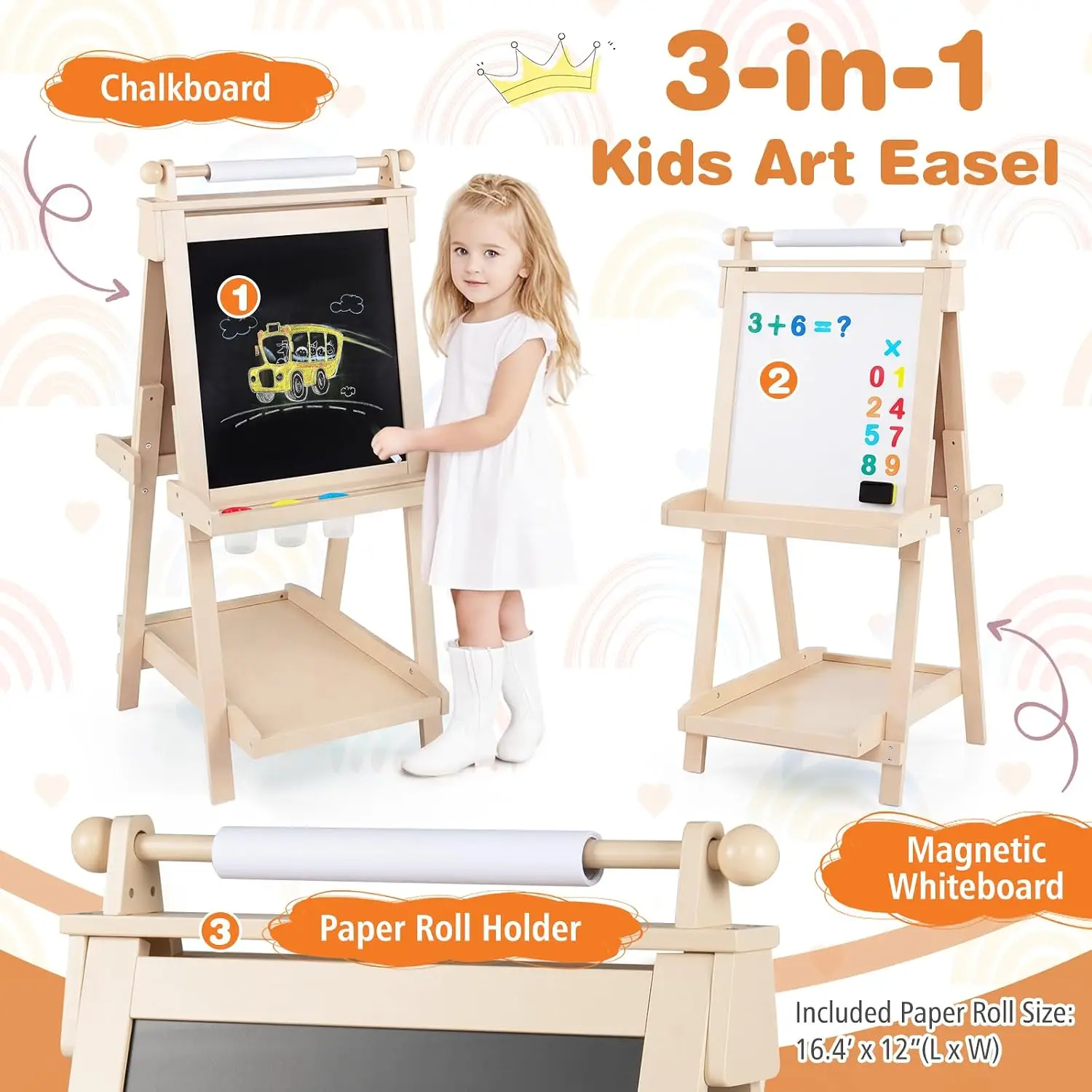 Easel for Kids, 3 in 1 Foldable Art Easel with Magnetic White Board, Chalkboard, Paper Roll, 3 Paint Cups, 3 Storage Trays & 3 Adjustable Heights, Drawing Stand for 3+ Toddlers (Natural)