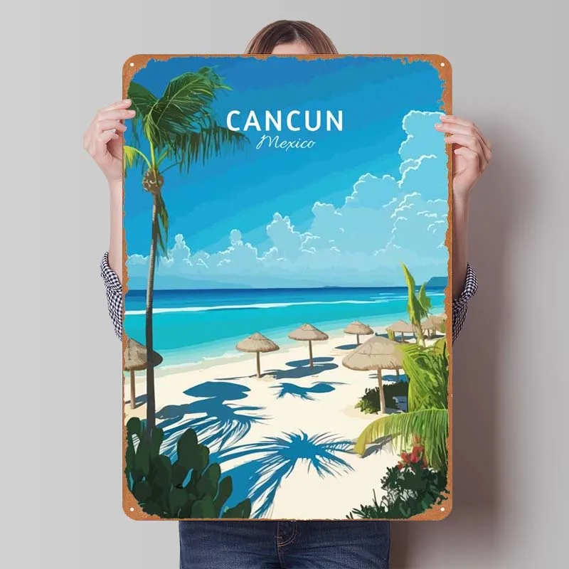 Travel Cancun Metal Poster Metal Wall Art Mural Gaming Room Decoration Man House Decor Home Decorators Accessories Tin Sign Men