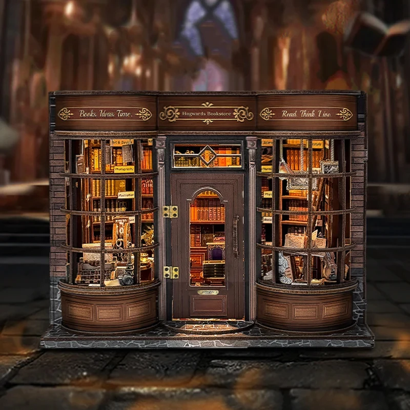 New 3D Wooden Dollhouse Hogue Bookstore Miniature with Furniture Kit Booknook DIY Assemble Toy Child Adult Christmas Gift Casa