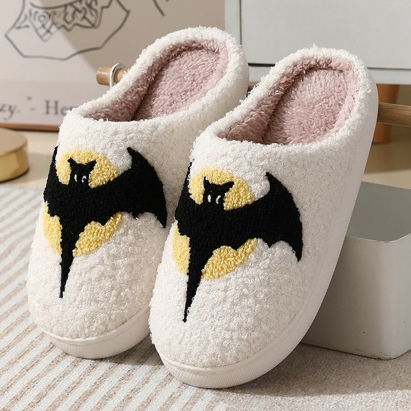 Halloween Bat Slippers Men Women 2024 New Cartoon Plush Warm Winter Cotton Shoes Couple Fashion Home Flat Shoes Soft Comfortable