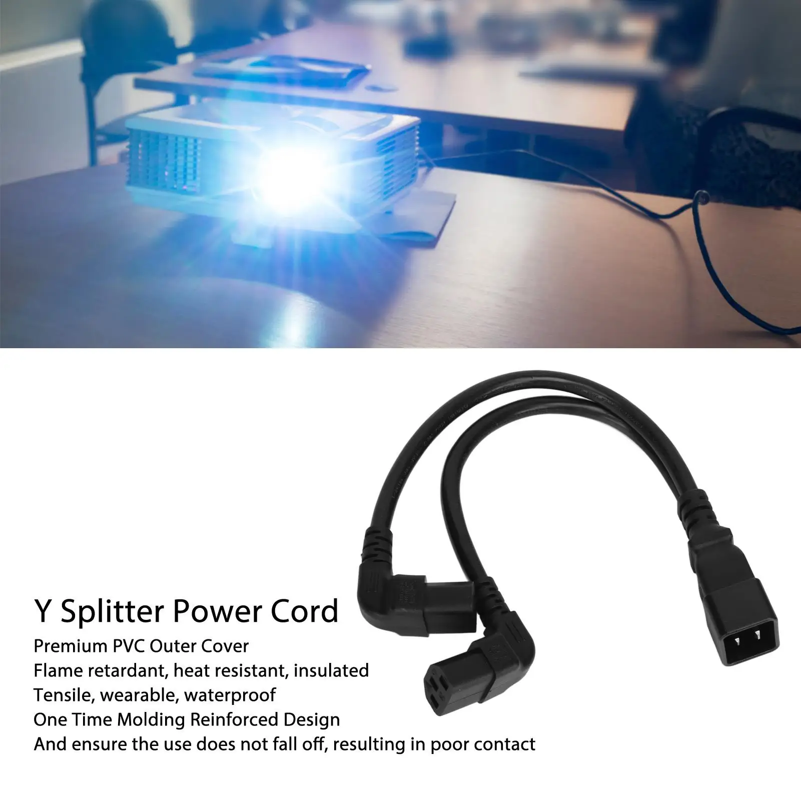 IEC320 C20 to Dual C13 Power Splitter Cable - 1 in 2 Out Right Angle Y Adapter for desk Lamp & Printer, 12.6in