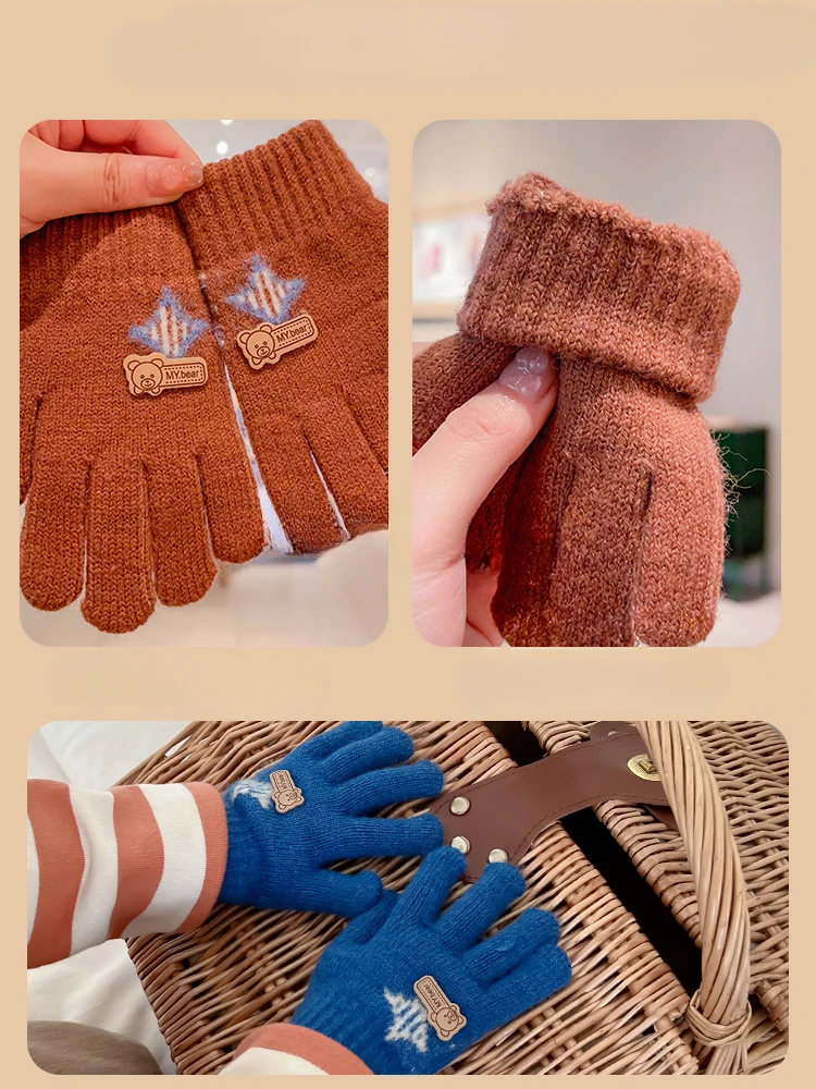 2023 New Children Winter Knitting Football Bear Plush Soft Five Finger Gloves Baby Boys Outdoor Warm Gloves Kids Colors Gloves