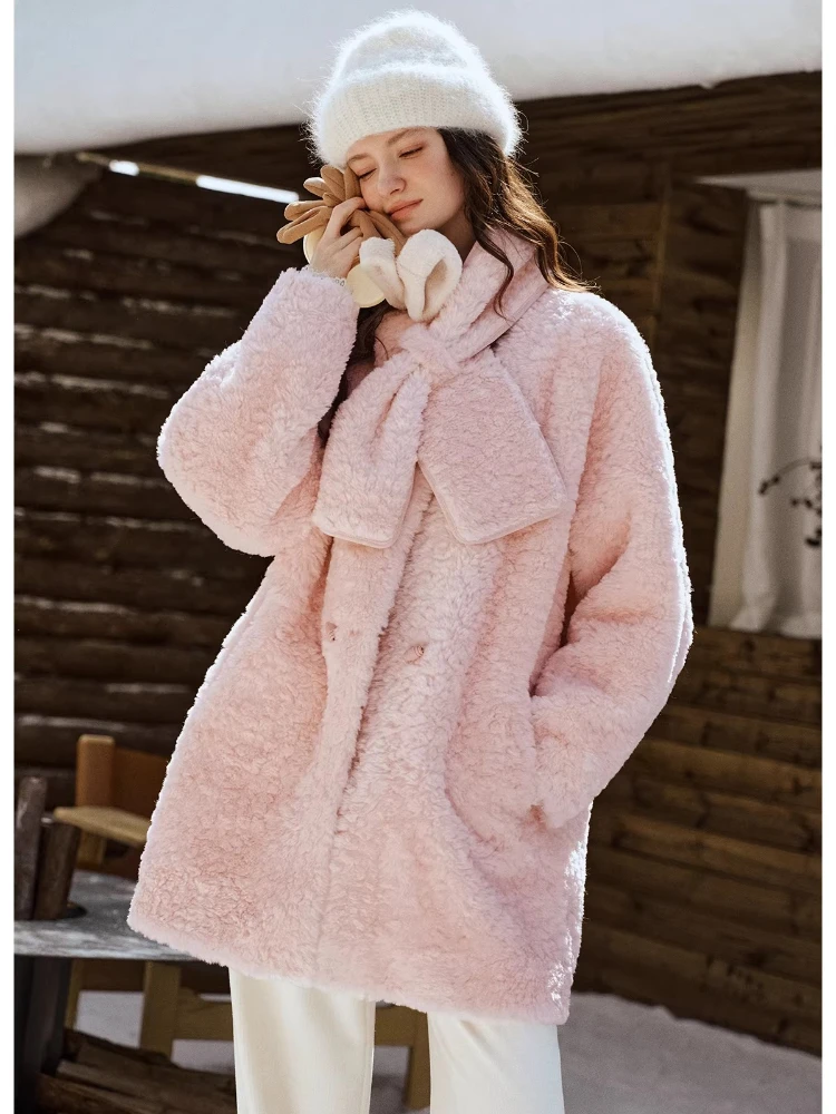 OLrain manteau de fourrure femme épaissi mi-long Style français 2025 femmes manteaux d'hiver avec écharpe col rond dame vestes WGO57DP003622