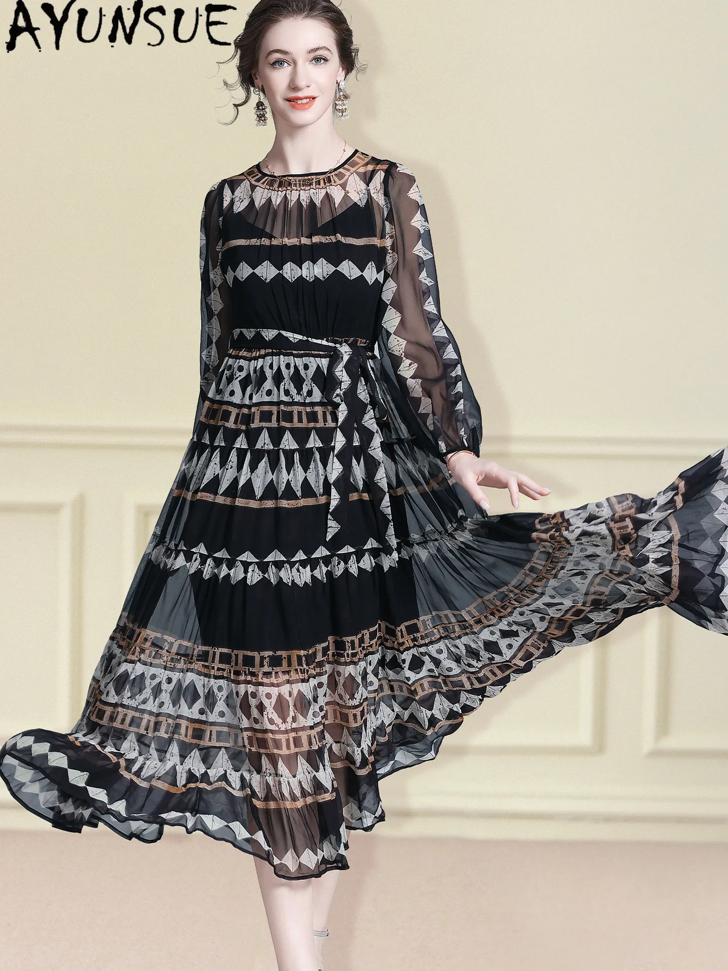 AYUSNUE 100% Natural Mulberry Silk Long Dress Elegant Dresses for Women Summer Clothes Fashion Party Dress Lace-up Vestido Mujer