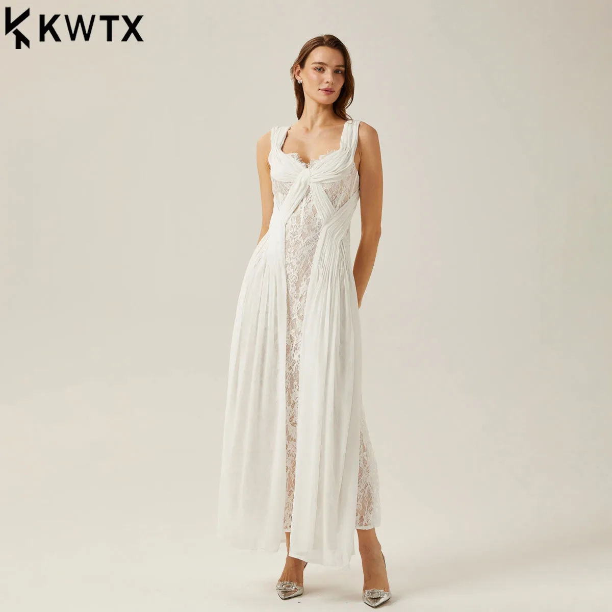 KWTX 2026 Summer Women’s Elegant Strapless Bandeau Lace Patchwork Cut-out Dress Designer for Evening Party Office Street Style