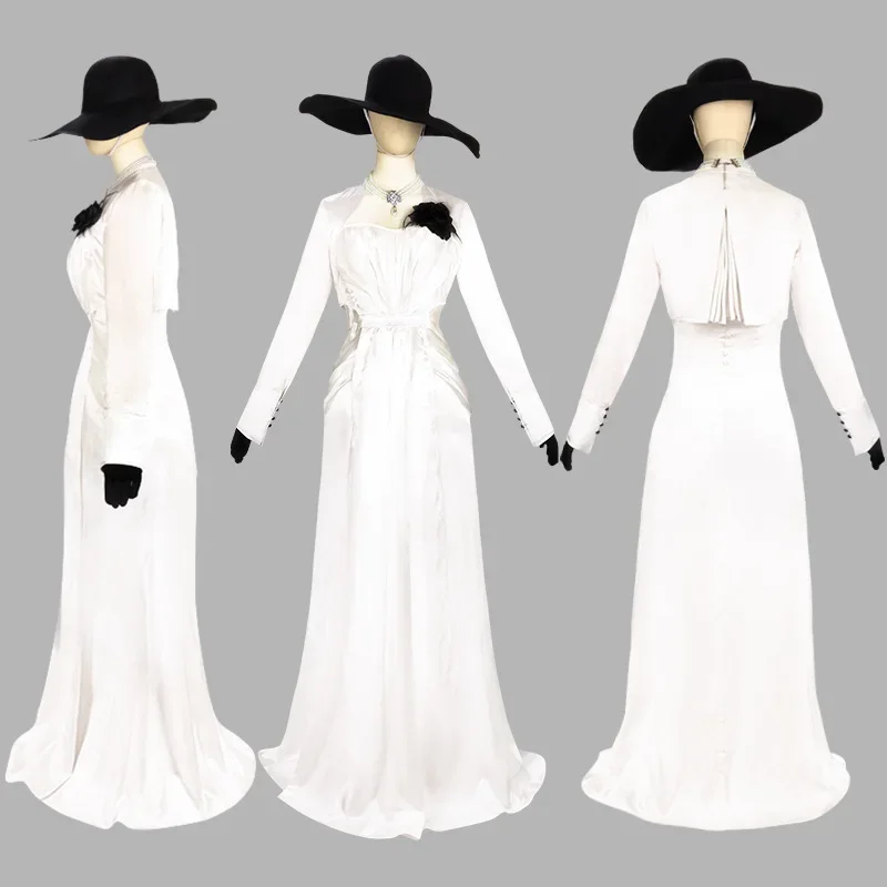 Lady Dimitrescu คอสเพลย์เครื่องแต่งกาย Chatelain Alcina Bioอันตราย Comtesse เซ็กซี่คอสเพลย์ปาร์ตี้ฮาโลวีน Lady Vampire สีขาวชุดหมวก