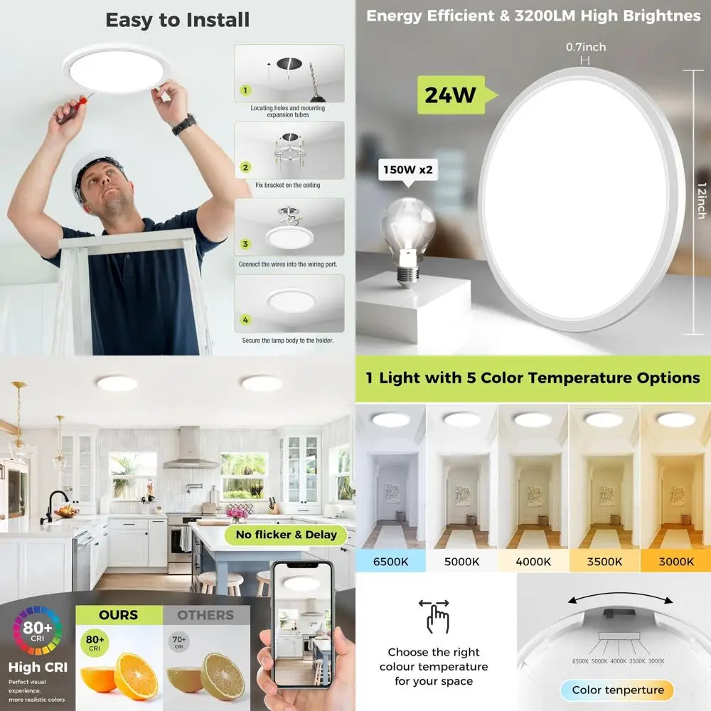 

12-Inch 24W Dimmable LED Flush Mount Ceiling Light, Adjustable Kelvin 3000K-6500K, Modern Low Profile Fixture for Home Interiors