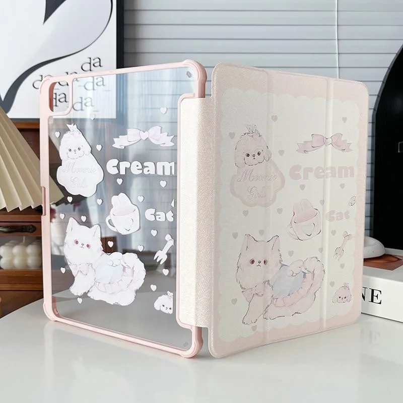 Korean Pink Cat Bow New Tablet Case For iPad Pro 11 12.9in 13 M4 9.7 10.2 5/6th 7/8/9 10 11th MINI 6 7 Air 5 6 7 Trifold Case