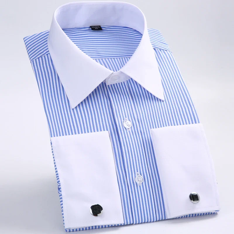 

Dress Shirt Single Patch Pocket Cufflink Included Long Sleeve Men's Classic French Cuffs Striped Wedding Shirts