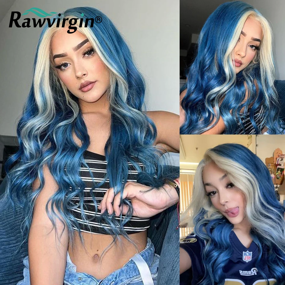 #60 strands Capri Blue T Part Natural Human Hair Wig Body Wave Transparent Lace Cosplay Branzilian Virgin Hair Wig