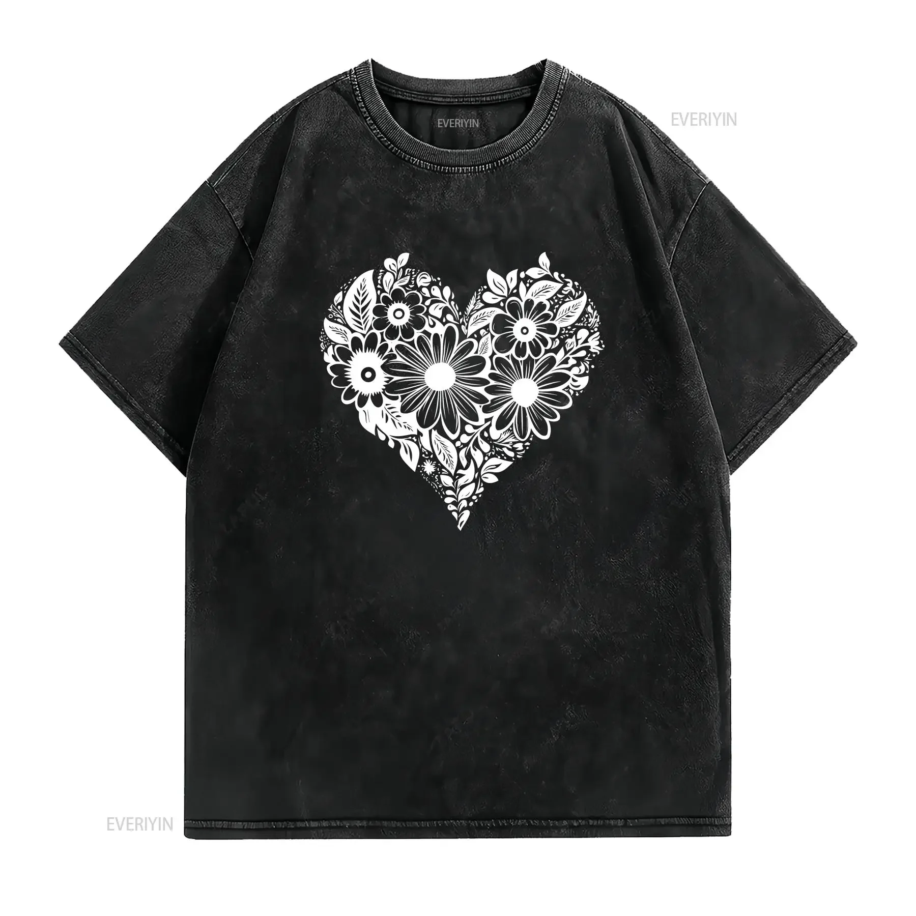 Floral Heart T Shirt Black and White Daisy Love Feminine Flower Design Casual Fashion vintage Washed graphic Comfortable