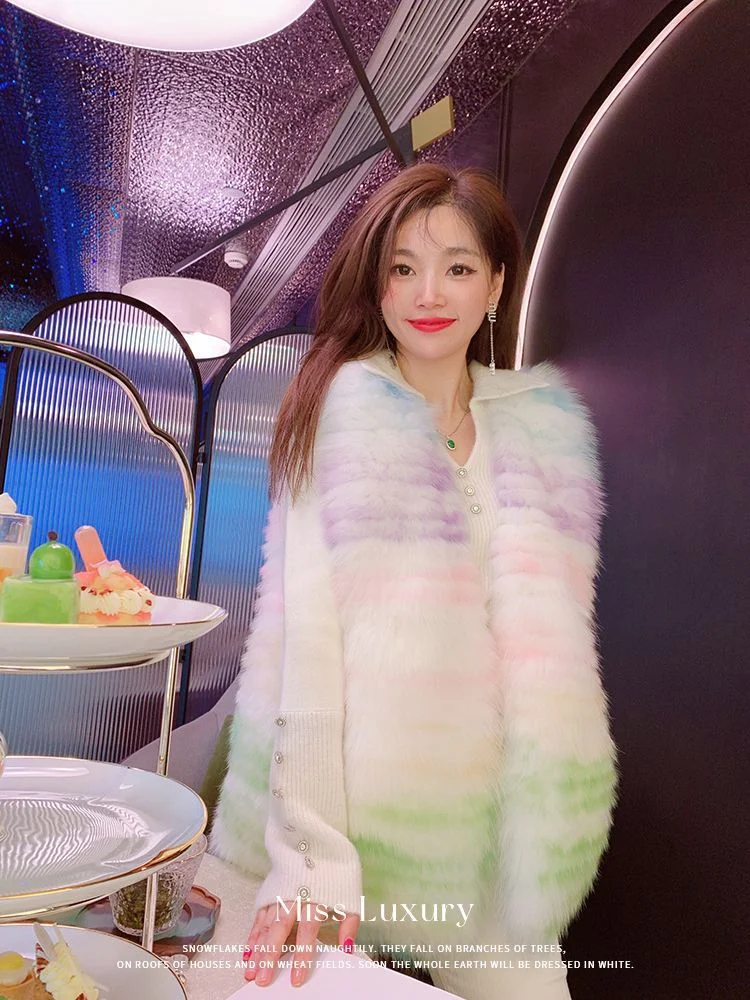 French Sweet Candy Rainbow Faux Fur Soft Comfortable Sleeveless Charming Exquisite Fashionable Dating Cute Warm Plush Vest Coat