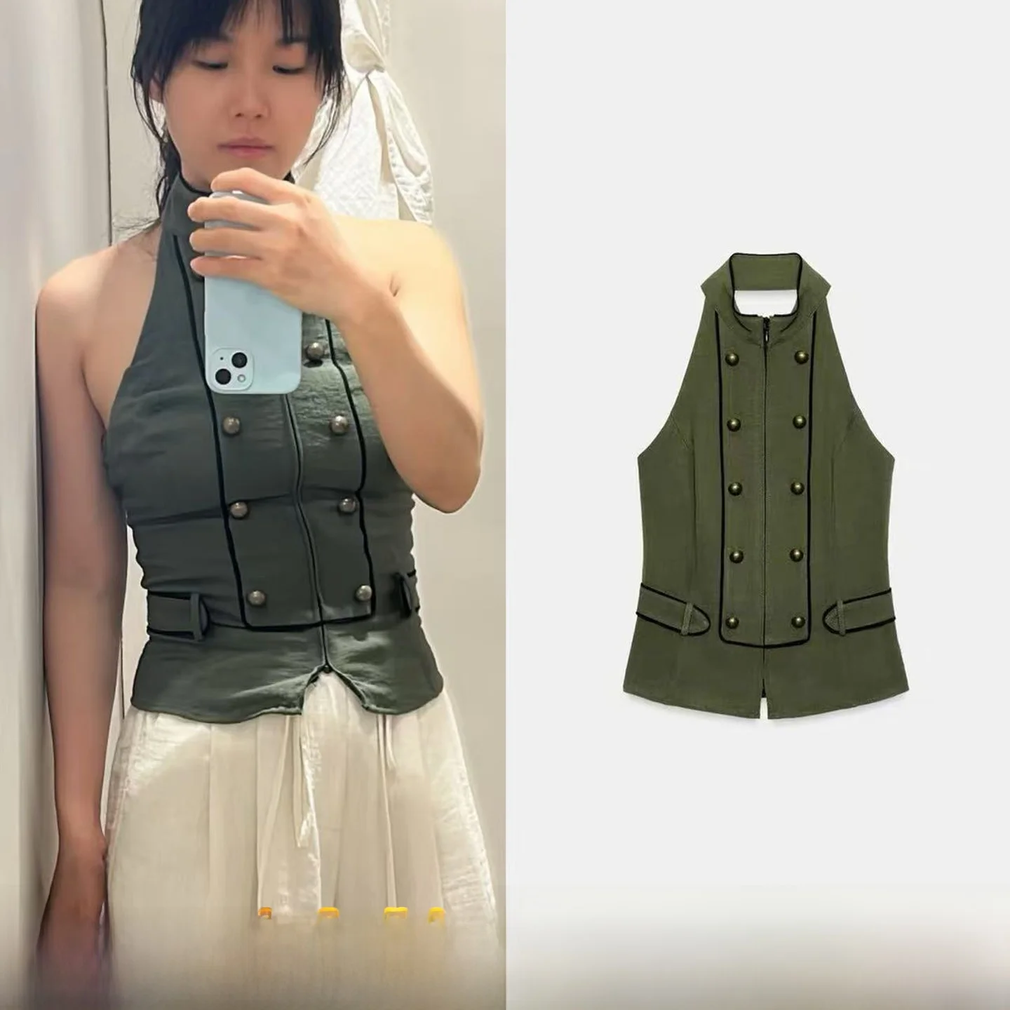 Summer New Arrival Women's Backless Napoleon Collar Sleeveless Top Slim Fit Short Length Double Button Closure Outerwear