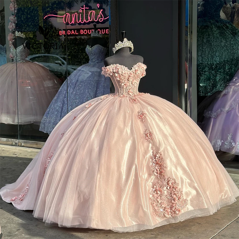 Stunning Pink Flower Quinceanera Dress Princess Sweet 15 Years Girl Birthday Party Dress Off The Shoulder Vestido De Quinceañera