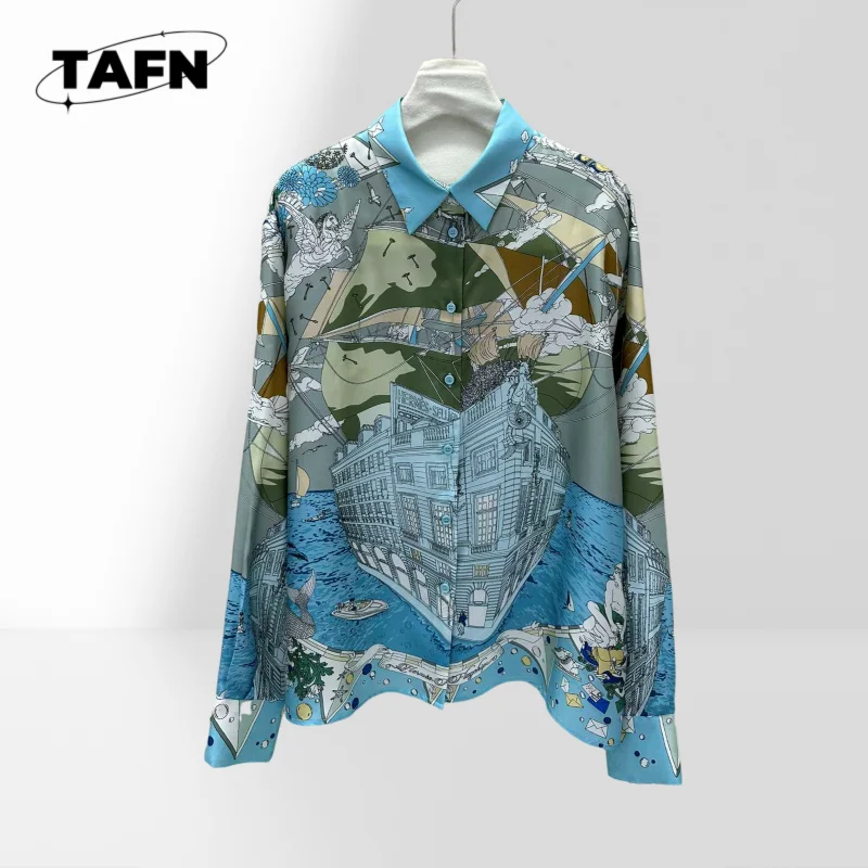 

Cruise Party Series Silk Scarf Printed Silk Shirt Women's Loose Long Shirt Dress Oversized Casual Blouse AH0127