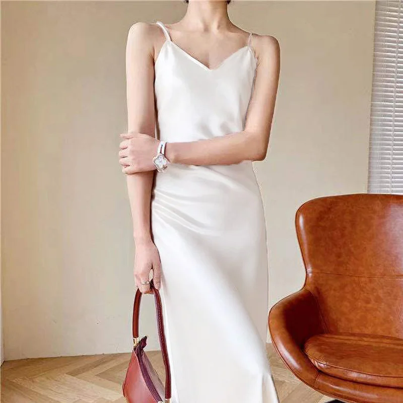 

Women Monochromatic Sling Dress, Slim Long Dress, Elegant Clothes, Temperament, Office Lady, Casual, Simplicity, Summer Fashion