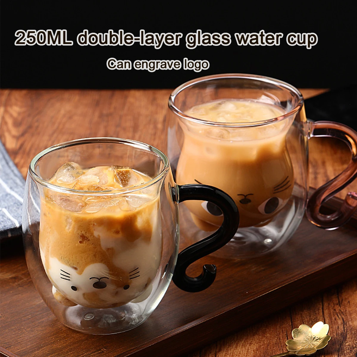 (Can Engrave Logo) 250ml Kitten Water Cup, Heat-Resistant Double-Wall Glass, Milk Cup, Home Coffee Mug, Couple's Breakfast Cup