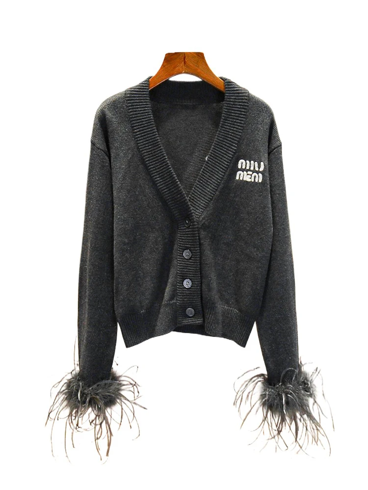 Miumem blusa fena de malha com decote em V e design de penas de avestruz outono estilo universitário moda casual csa d...