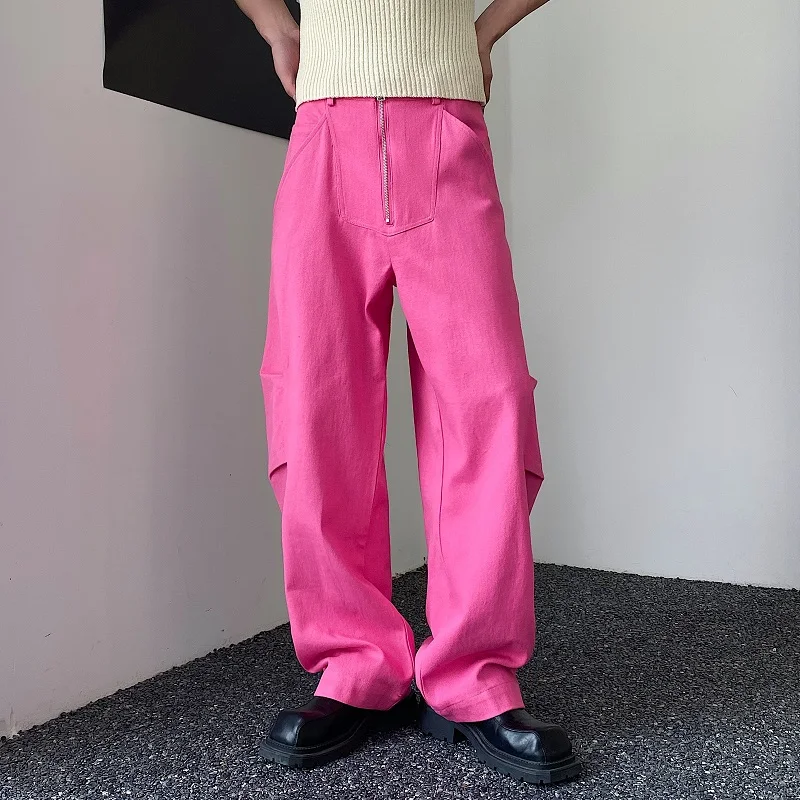 

American Retro High Street Men's Oversize Straight Leg Jeans Loose Fit Summer Workwear Pink Casual Cotton Trousers