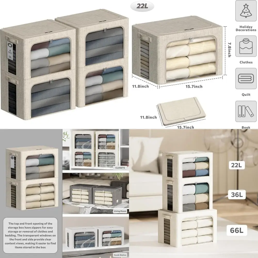 صناديق تخزين قماشية قابلة للطي بإطار معدني - صناديق تنظيم قابلة للتكديس سعة 22 لترًا مع أغطية للملابس وحلول تخزين المنزل