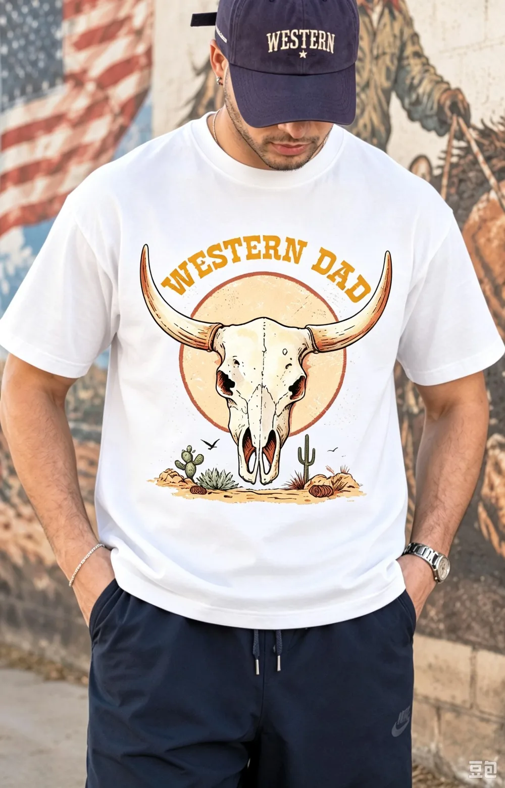 Blusa Top Tee con estampado de silueta de calavera de toro de Longhorn, disco de atardecer caramelo, cactus del desierto y roca, para un atuendo de verano de estilo urbano.