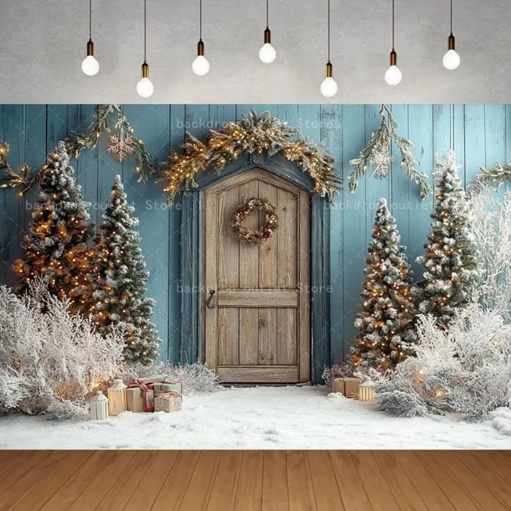 

Winter Christmas wooden door photography Backdrop, Christmas wreath gift lights, children's family portrait decoration Backdrop